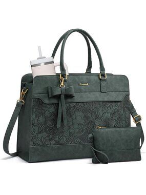 Women's Green Leather Waterproof Striped Zipper Laptop Briefcase Tote Handbag
